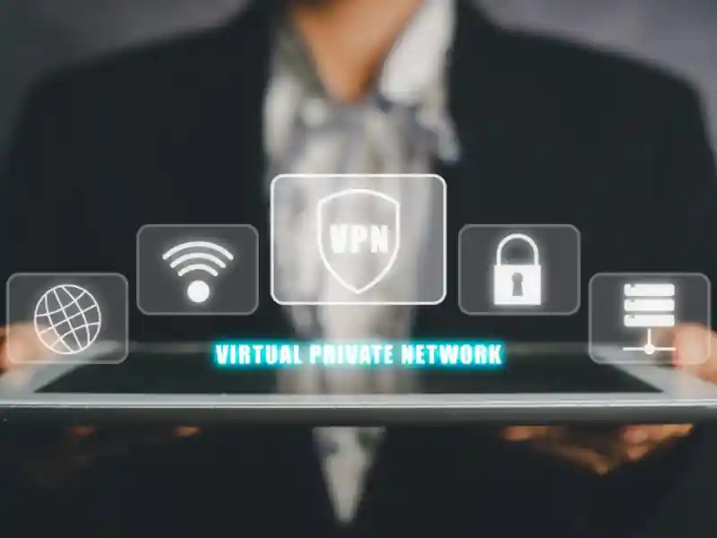 Illustration of a VPN providing secure encryption and IP masking for safe and private internet browsing, protecting data from cyber threats.