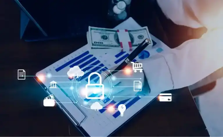 Illustration of a financial institution securing its network from cyber threats with advanced cybersecurity tools.