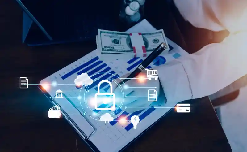 Illustration of a financial institution securing its network from cyber threats with advanced cybersecurity tools.