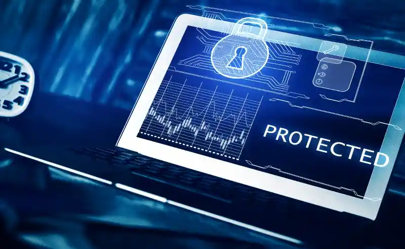 Illustration showing a business team protecting sensitive data with cybersecurity measures.