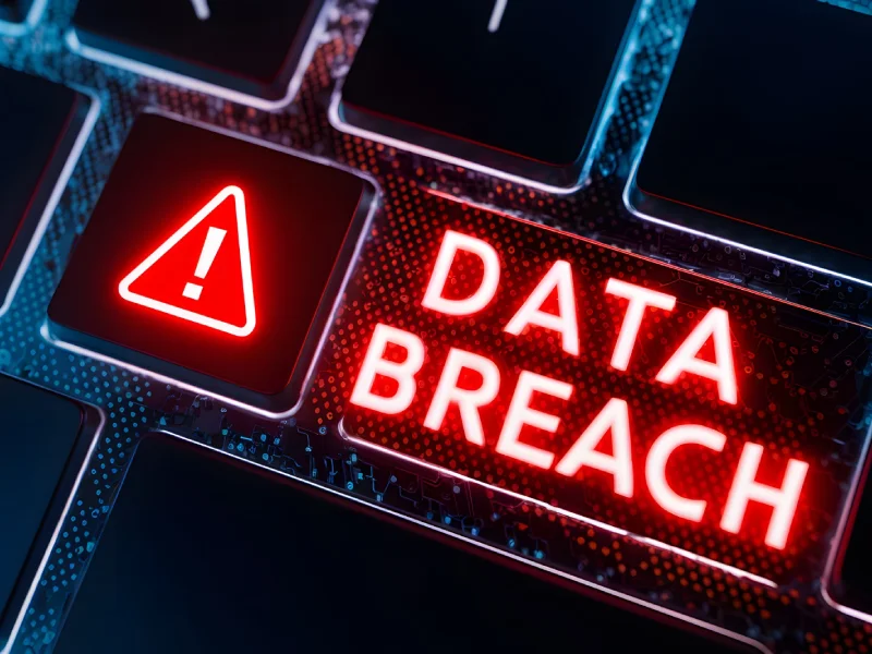 Visual representation of a data breach with hackers exploiting vulnerabilities, and a business taking action to mitigate the damage and secure data.