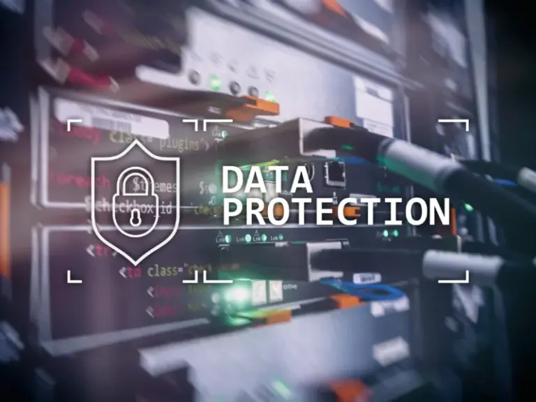 Visual of a Data Loss Protection (DLP) system securing business data across endpoints, with real-time monitoring and adaptive policies.