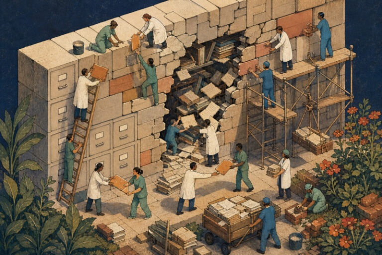 Hand-drawn isometric art of hospital staff and tiny workers rebuilding a cracked archive wall, passing files by hand to stop papers spilling out