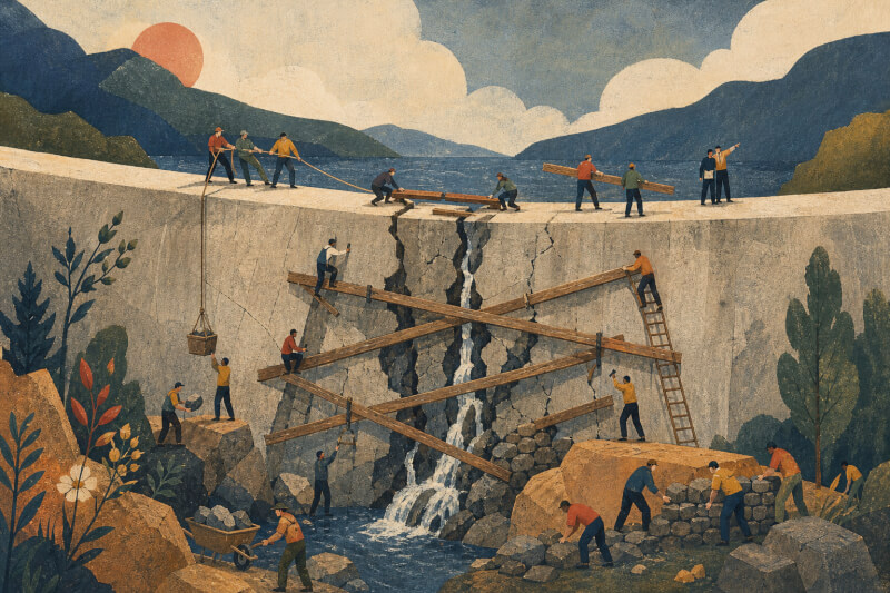Abstract editorial art of workers bracing a cracked dam with beams as tiny teams coordinate repairs, symbolizing resilience under pressure