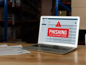 A laptop with phising text warning visible on screen