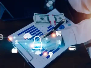 Illustration of a financial institution securing its network from cyber threats with advanced cybersecurity tools.