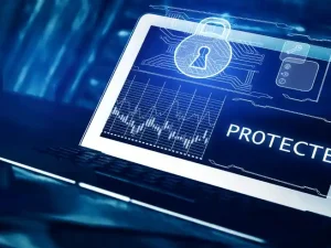 Illustration showing a business team protecting sensitive data with cybersecurity measures.