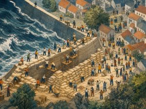 Hand-drawn isometric art of workers reinforcing a dam with sandbags as water rises, tiny teams coordinating to protect a crowded town