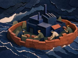 Hand-drawn isometric art of workers reinforcing a flood barrier around a factory, passing bricks together as dark storm clouds approach