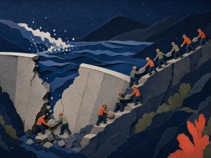 Abstract editorial art of workers repairing a cracked dam as water rises, with tiny teams passing stones to stop a costly flood